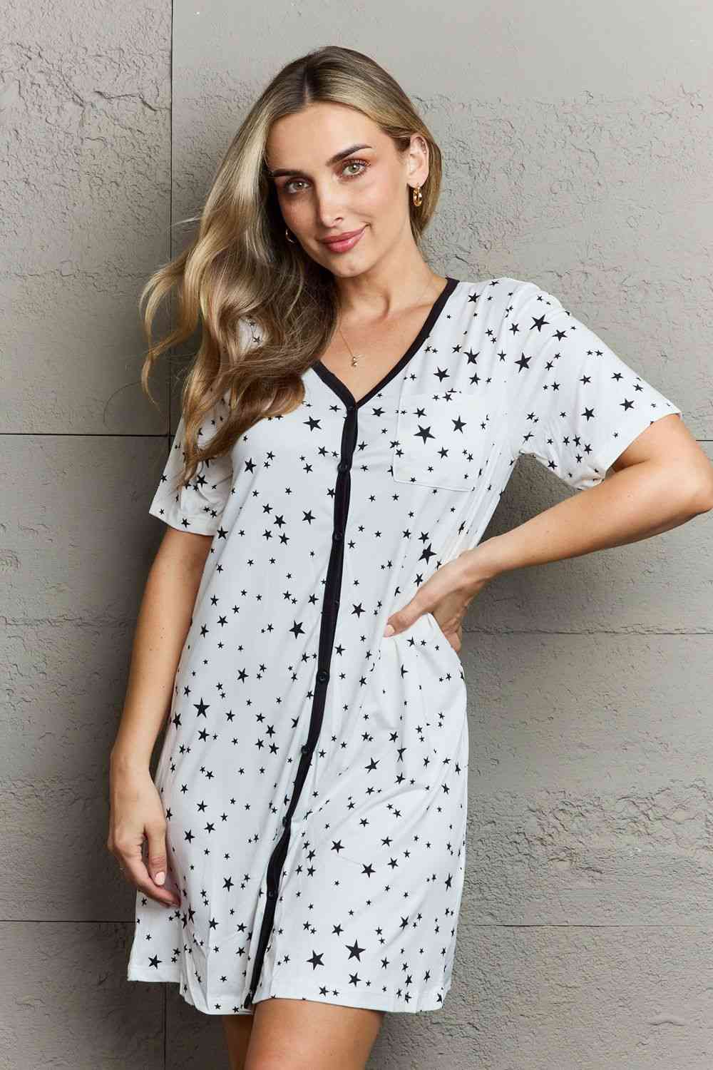 MOON NITE Quilted Quivers Button Down Sleepwear Dress-Trendsi-White-S-SatinBoutique