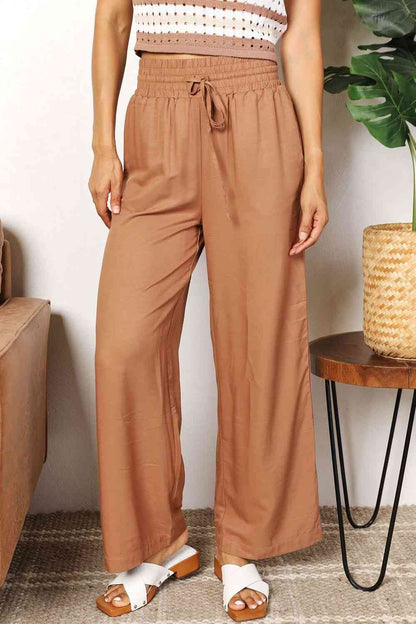 Double Take Drawstring Smocked Waist Wide Leg Pants-Trendsi-Camel-S-SatinBoutique