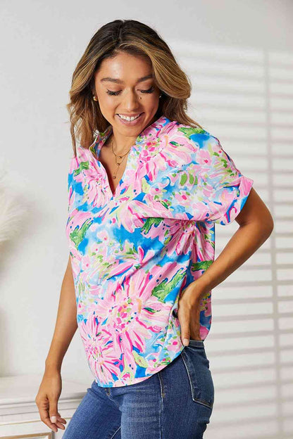 Double Take Floral Notched Neck Short Sleeve Top, Also Plus sizes-Trendsi-SatinBoutique