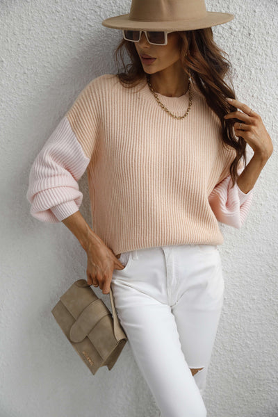 Two-Tone Rib-Knit Dropped Shoulder Sweater Trendsi