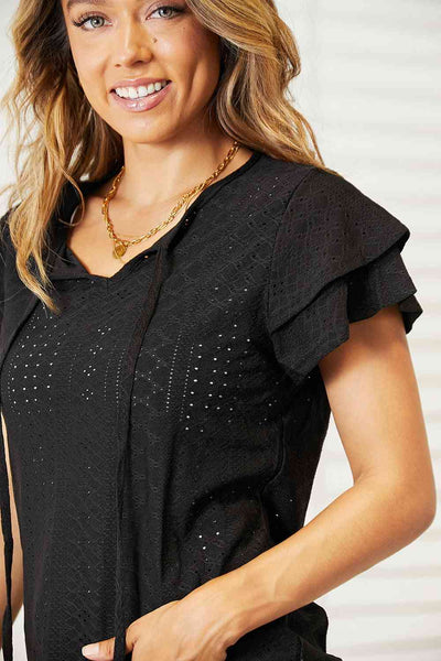 Double Take Eyelet Tie-Neck Flutter Sleeve Blouse-Trendsi-SatinBoutique