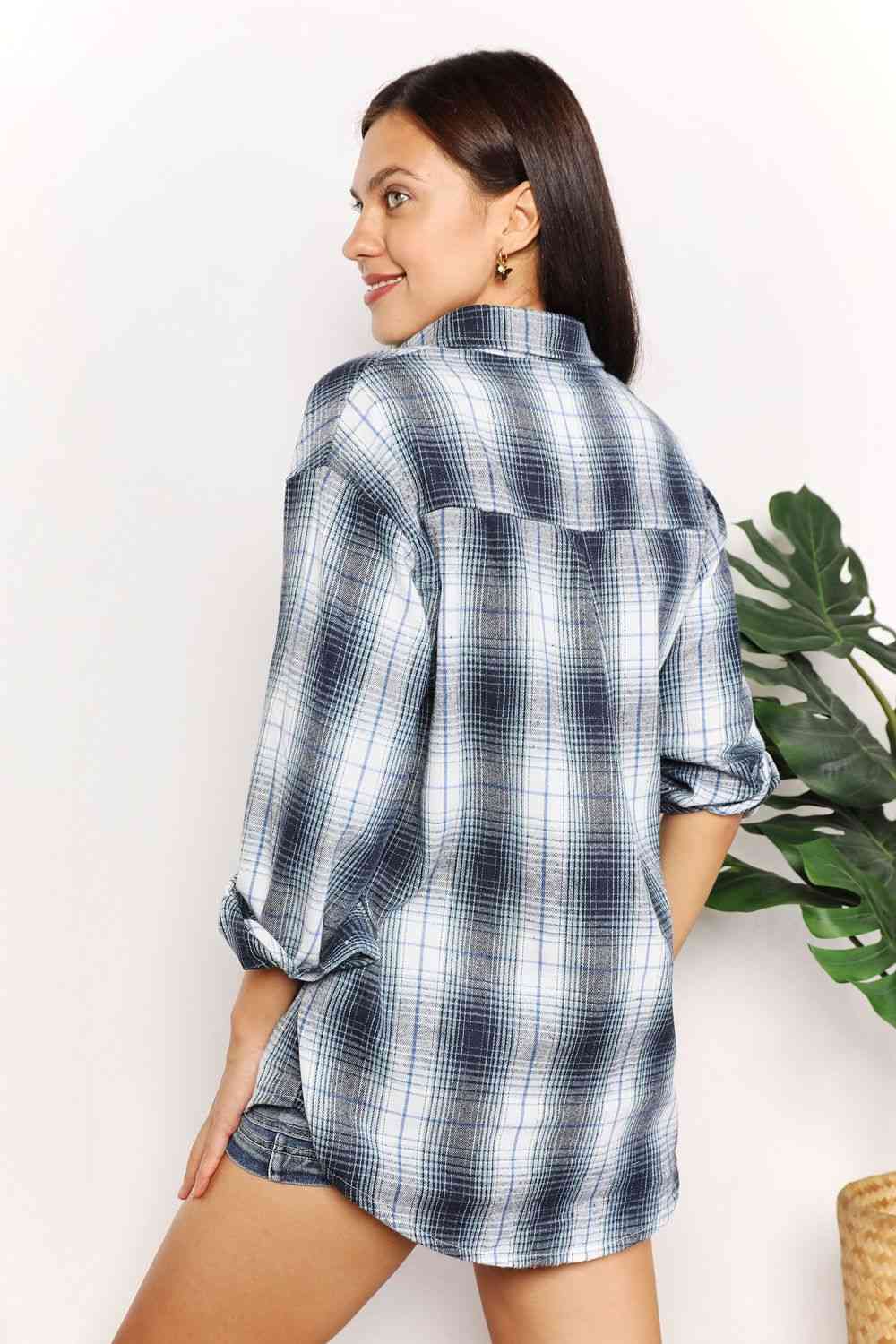 Double Take Plaid Dropped Shoulder Shirt-Trendsi-SatinBoutique