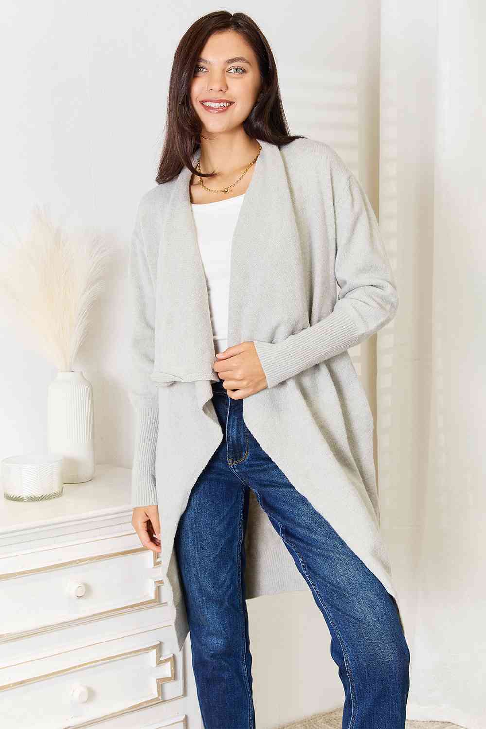 Double Take Open Front Duster Cardigan with Pockets-Trendsi-Light Gray-S-SatinBoutique