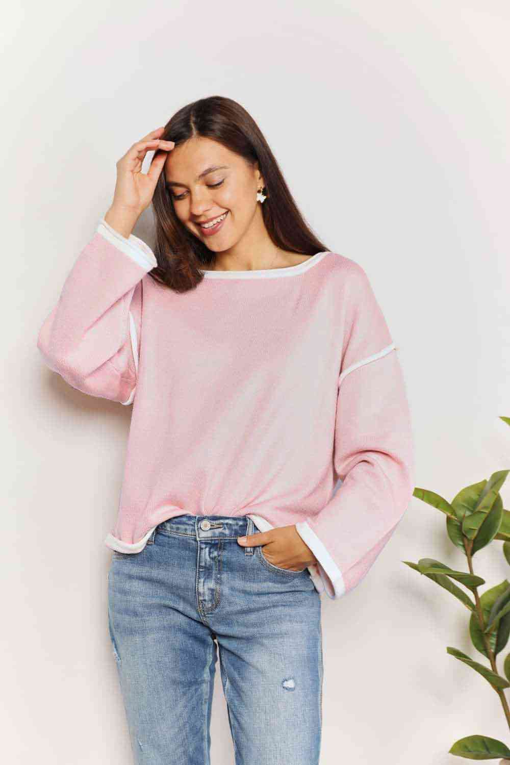 Double Take Contrast Detail Dropped Shoulder Knit Top-Trendsi-Blush Pink-S-SatinBoutique