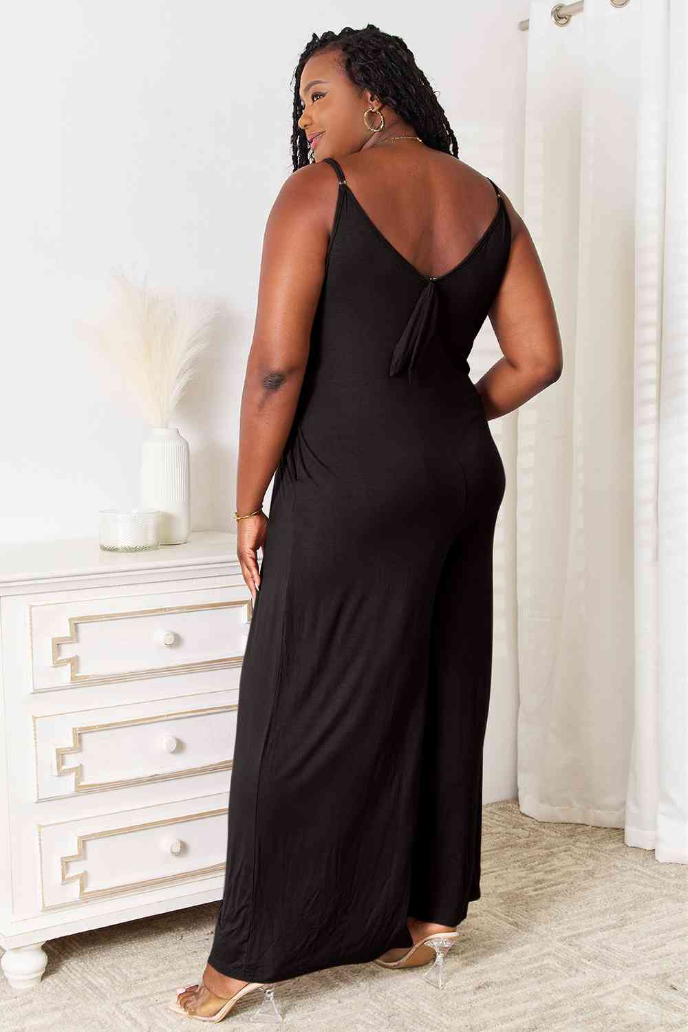 Double Take Full Size Soft Rayon Spaghetti Strap Tied Wide Leg Jumpsuit, Also Plus Sizes-Trendsi-SatinBoutique