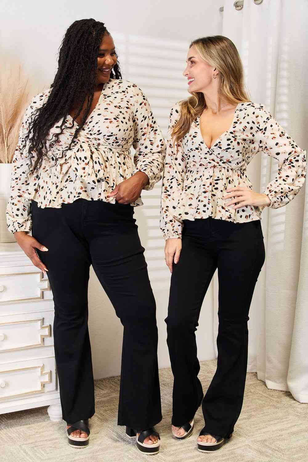 Double Take Printed Tied Plunge Peplum Blouse-Trendsi-Cream-S-SatinBoutique