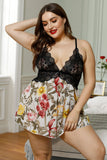 Lace Insert Plus Size Babydoll Set na may ace at floral print