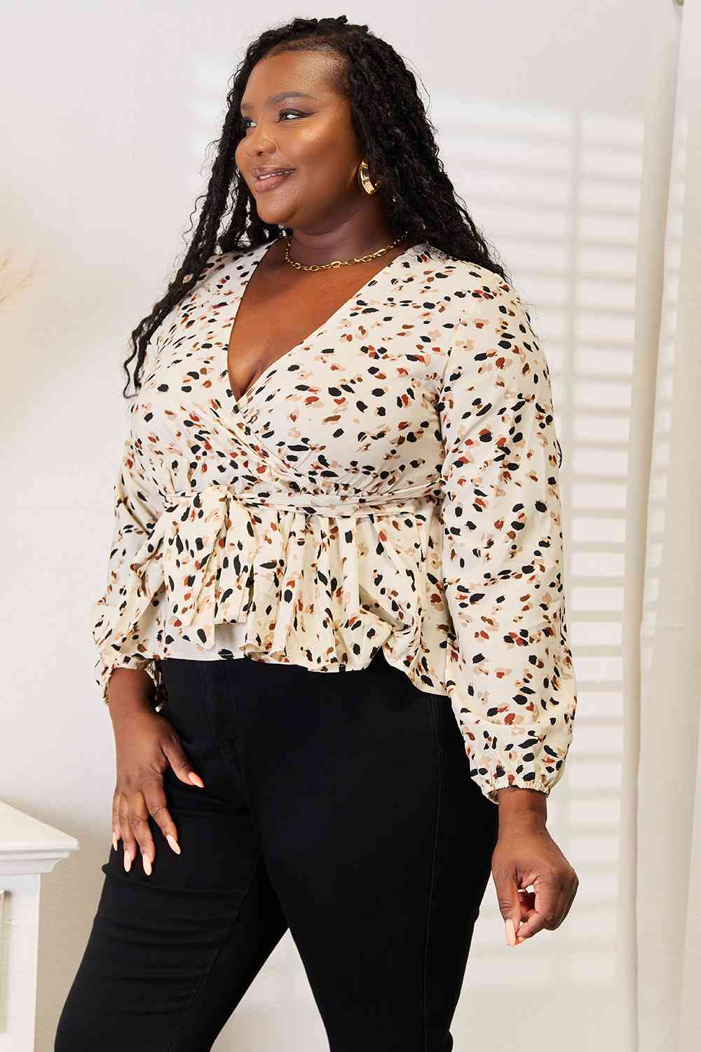 Double Take Printed Tied Plunge Peplum Blouse-Trendsi-SatinBoutique