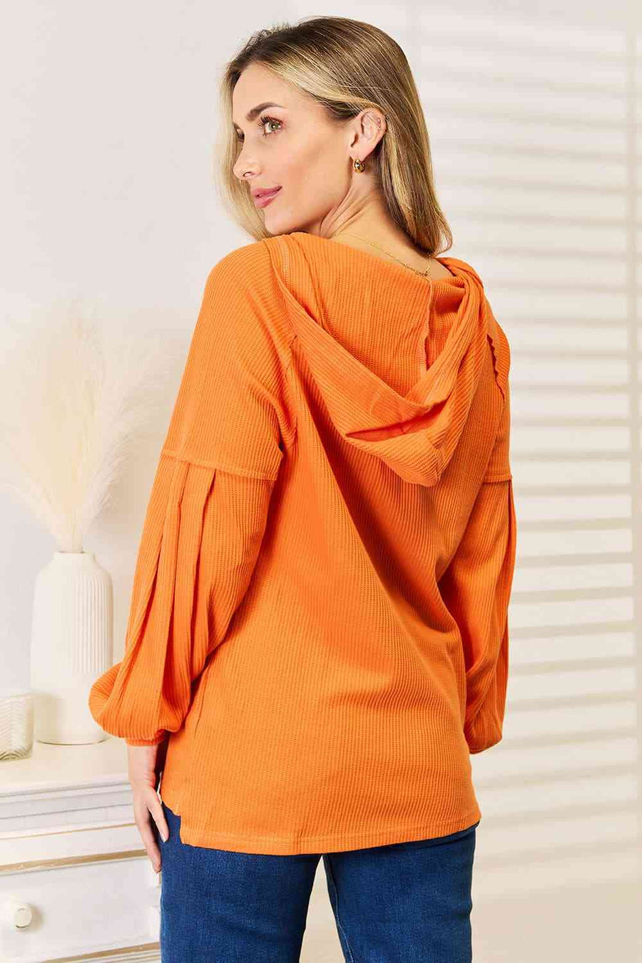 Basic Bae Side Slit Buttoned Waffle Knit Hoodie, Also in Plus sizes-Trendsi-Orange-S-SatinBoutique