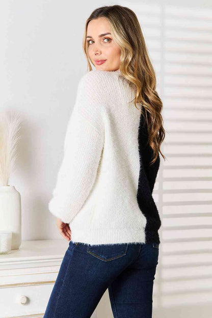 Woven Right Contrast Button-Front V-Neck Cardigan, Also in Plus sizes-Trendsi-SatinBoutique