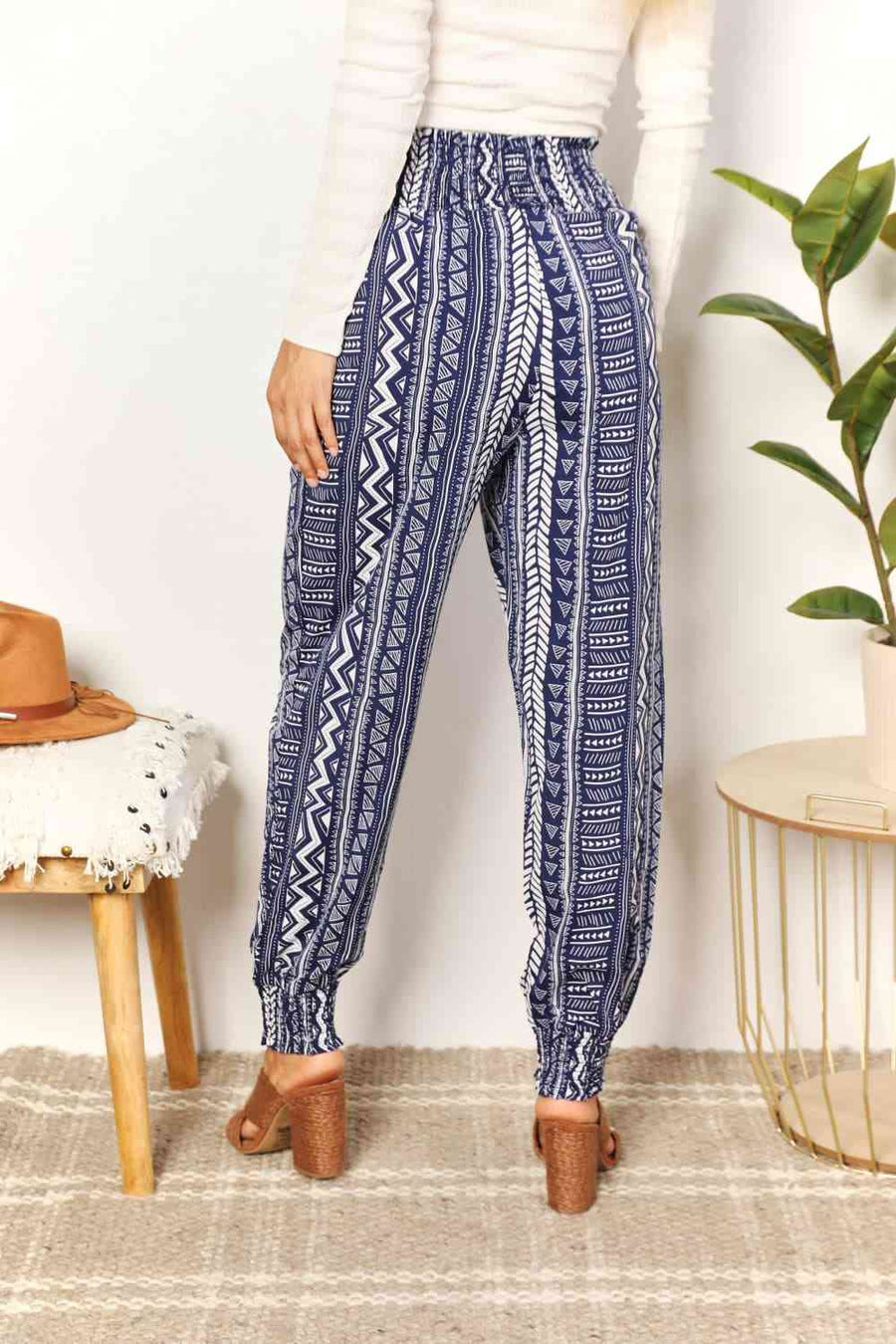 Double Take Geometric Print Tassel High-Rise Pants-Trendsi-Navy-S-SatinBoutique