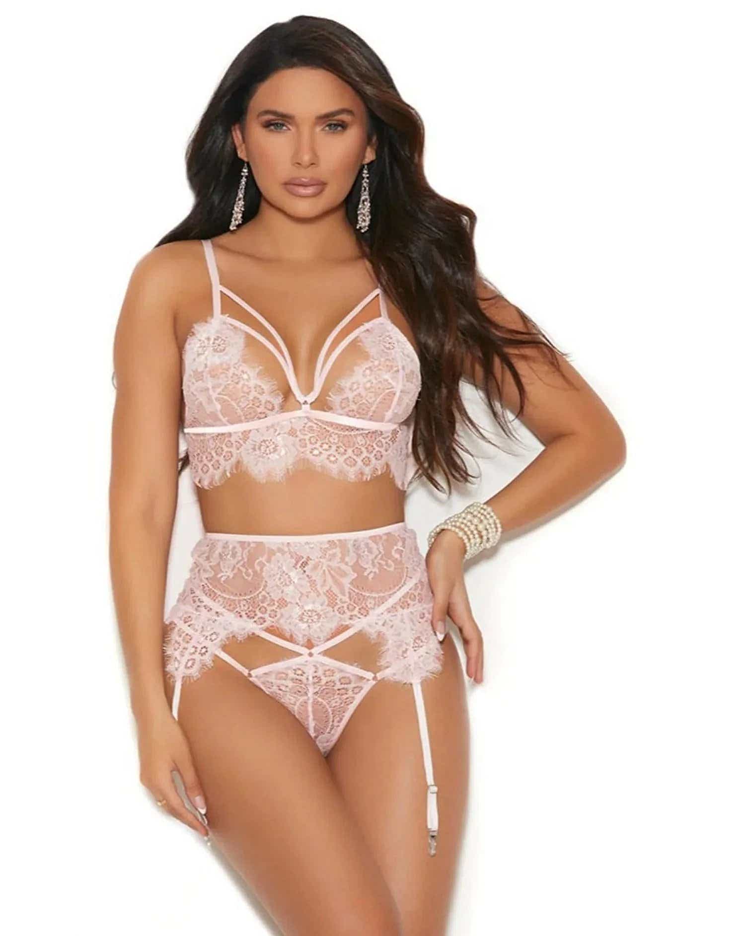 Elegant Moments  30021, 3 PC Eyelash lace bralette set with strappy front detail - Bra set