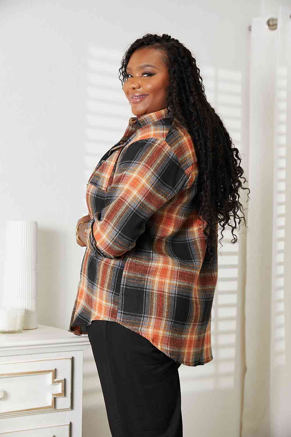 Double Take Plaid Dropped Shoulder Shirt-Trendsi-SatinBoutique