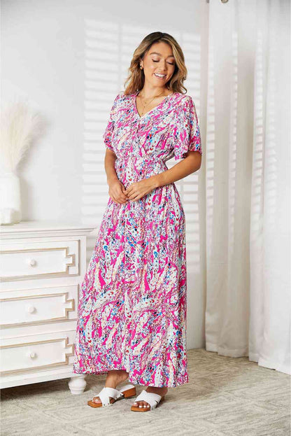 Double Take Multicolored V-Neck Maxi Dress-Trendsi-Hot Pink-S-SatinBoutique