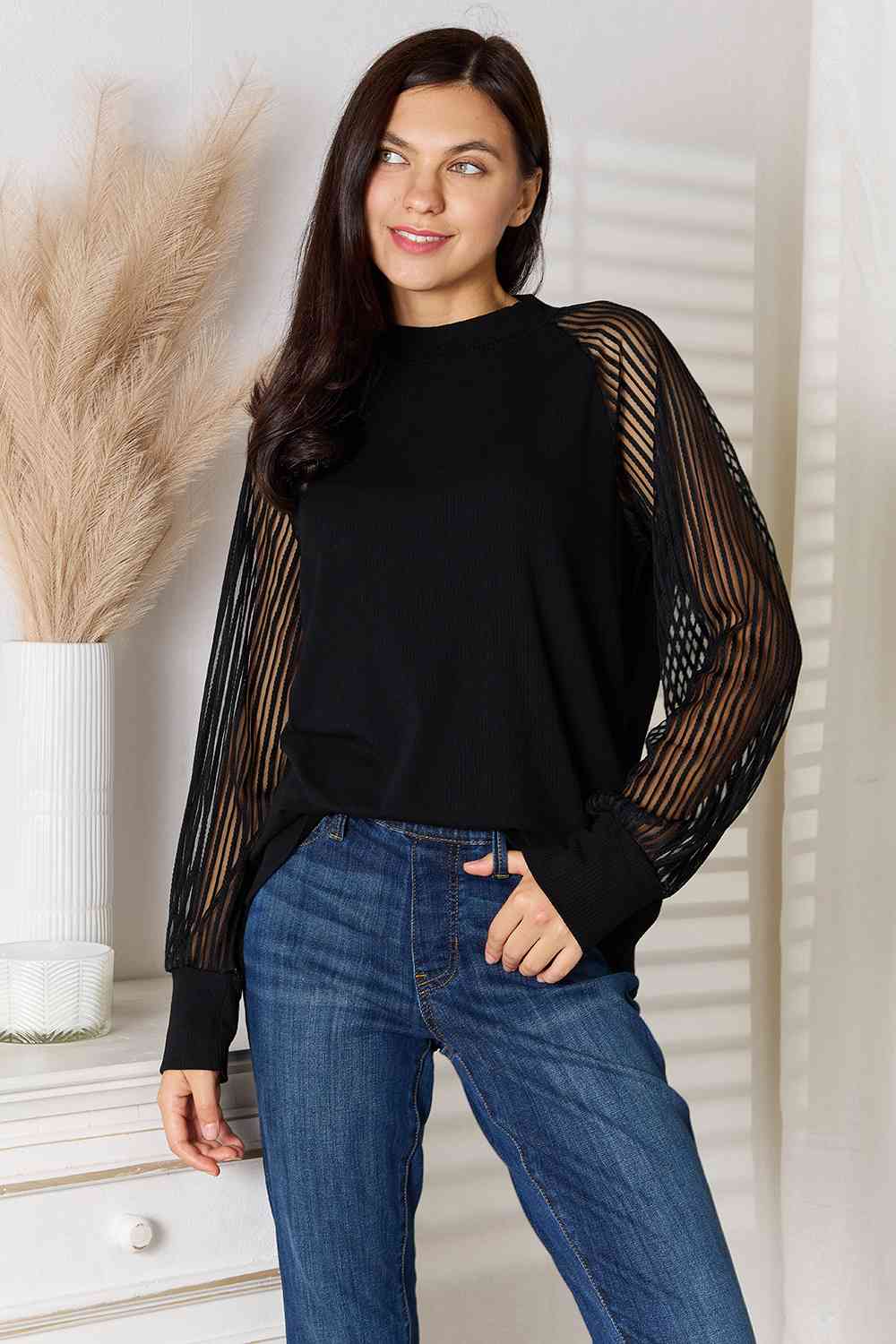 Double Take Round Neck Raglan Sleeve Blouse-Trendsi-Black-S-SatinBoutique