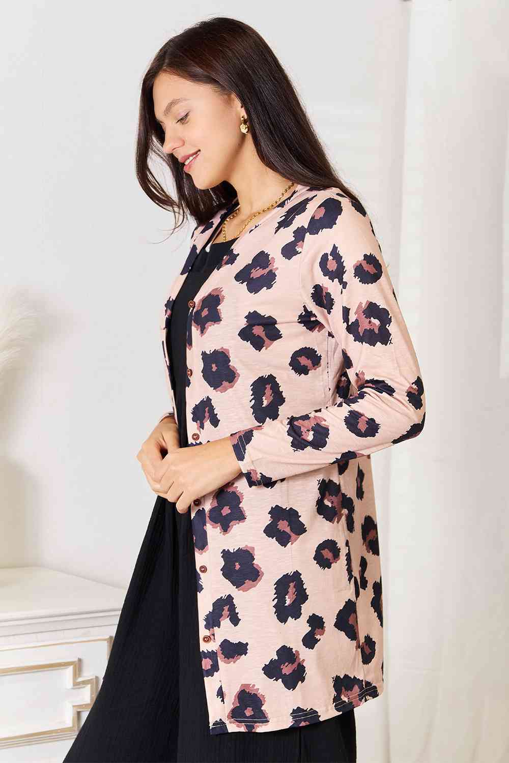 Double Take Printed Button Front Longline Cardigan-Trendsi-SatinBoutique