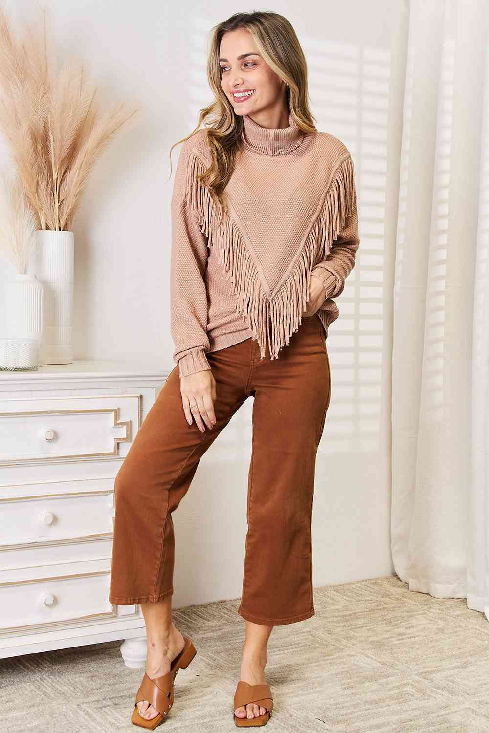 Woven Right Turtleneck Fringe Front Long Sleeve Sweater-Trendsi-SatinBoutique