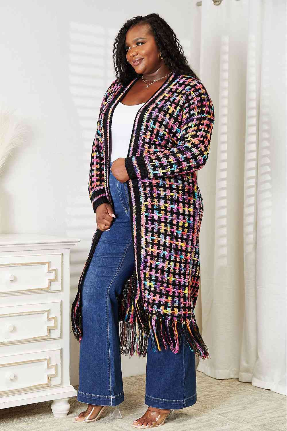 Double Take Full Size Multicolored Open Front Fringe Hem Cardigan. Also Plus sizes-Trendsi-SatinBoutique