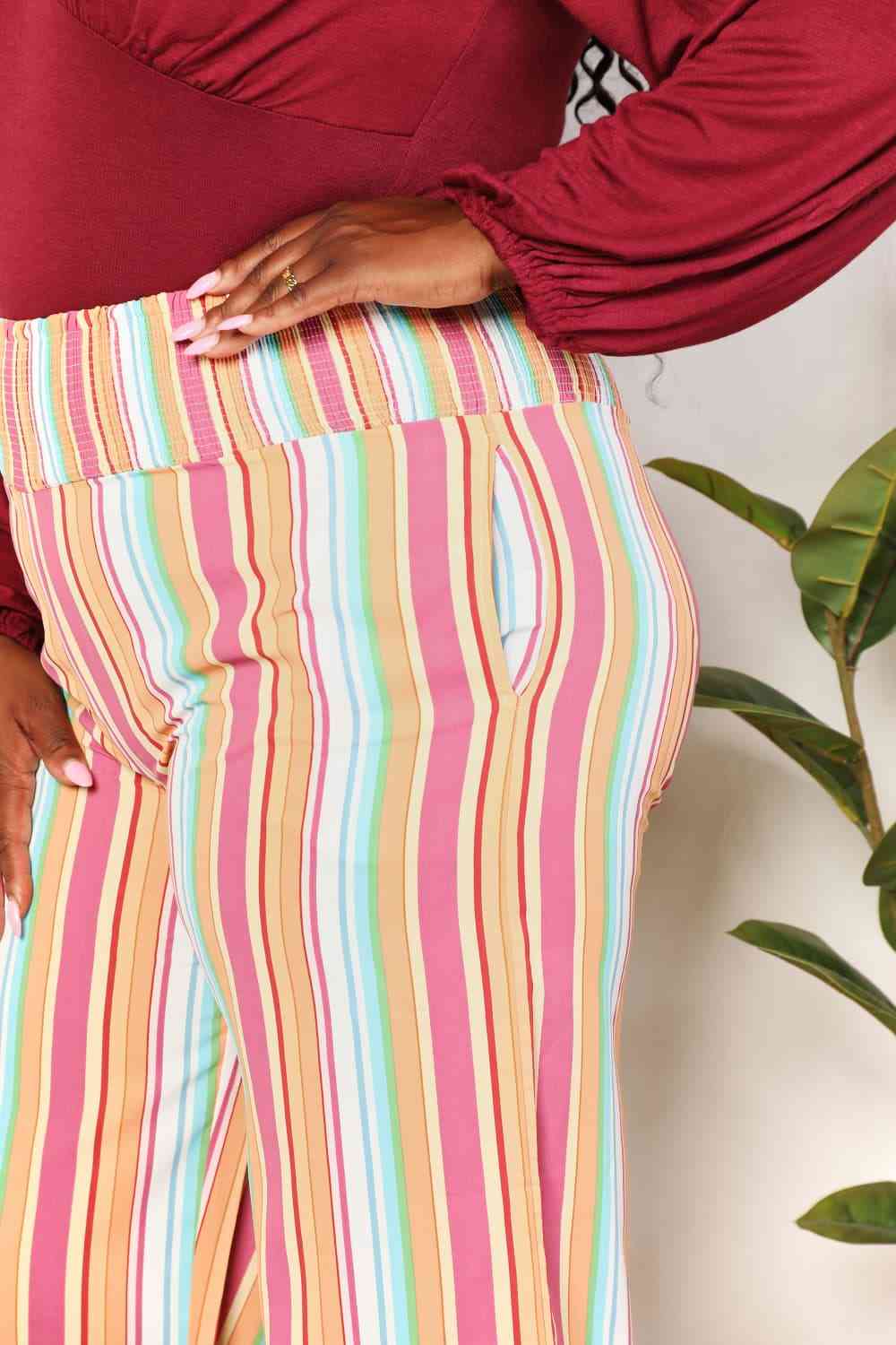 Double Take Striped Smocked Waist Pants with Pockets-Trendsi-SatinBoutique