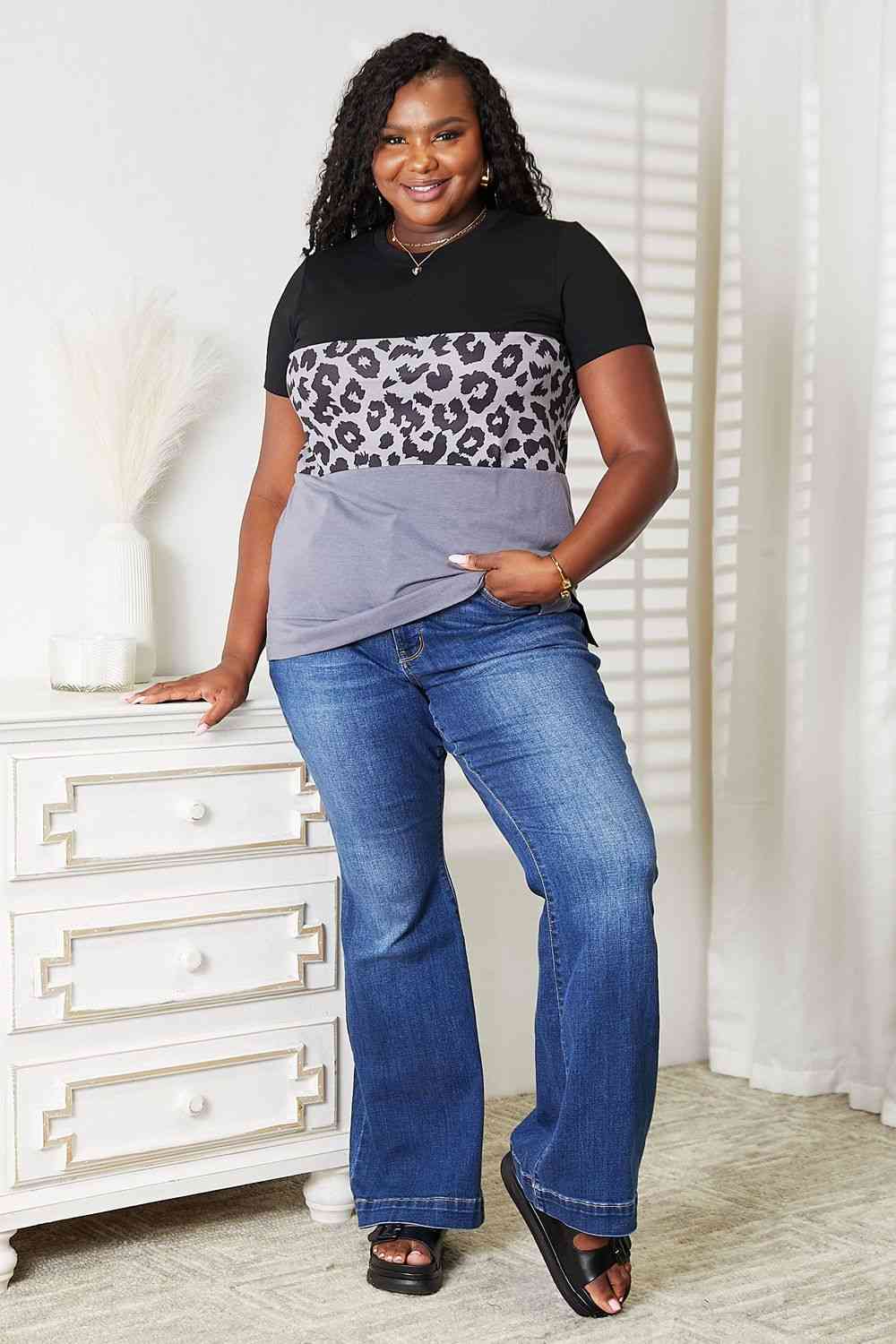 Double Take Leopard Print Color Block Short Sleeve T-Shirt, Also Plus sizes-Trendsi-SatinBoutique