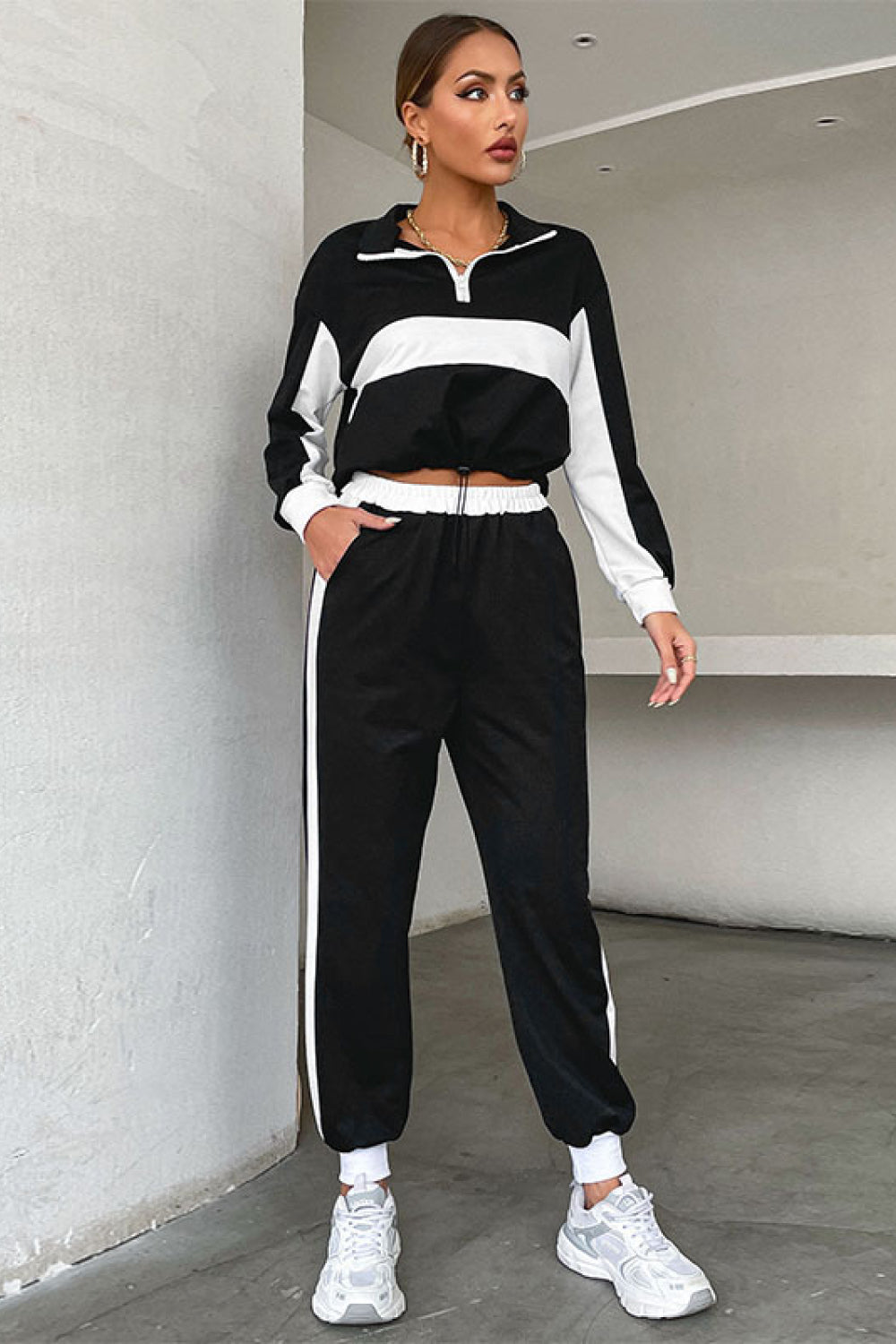 Striped Half Zip Cropped Sweatshirt and Joggers Set Trendsi