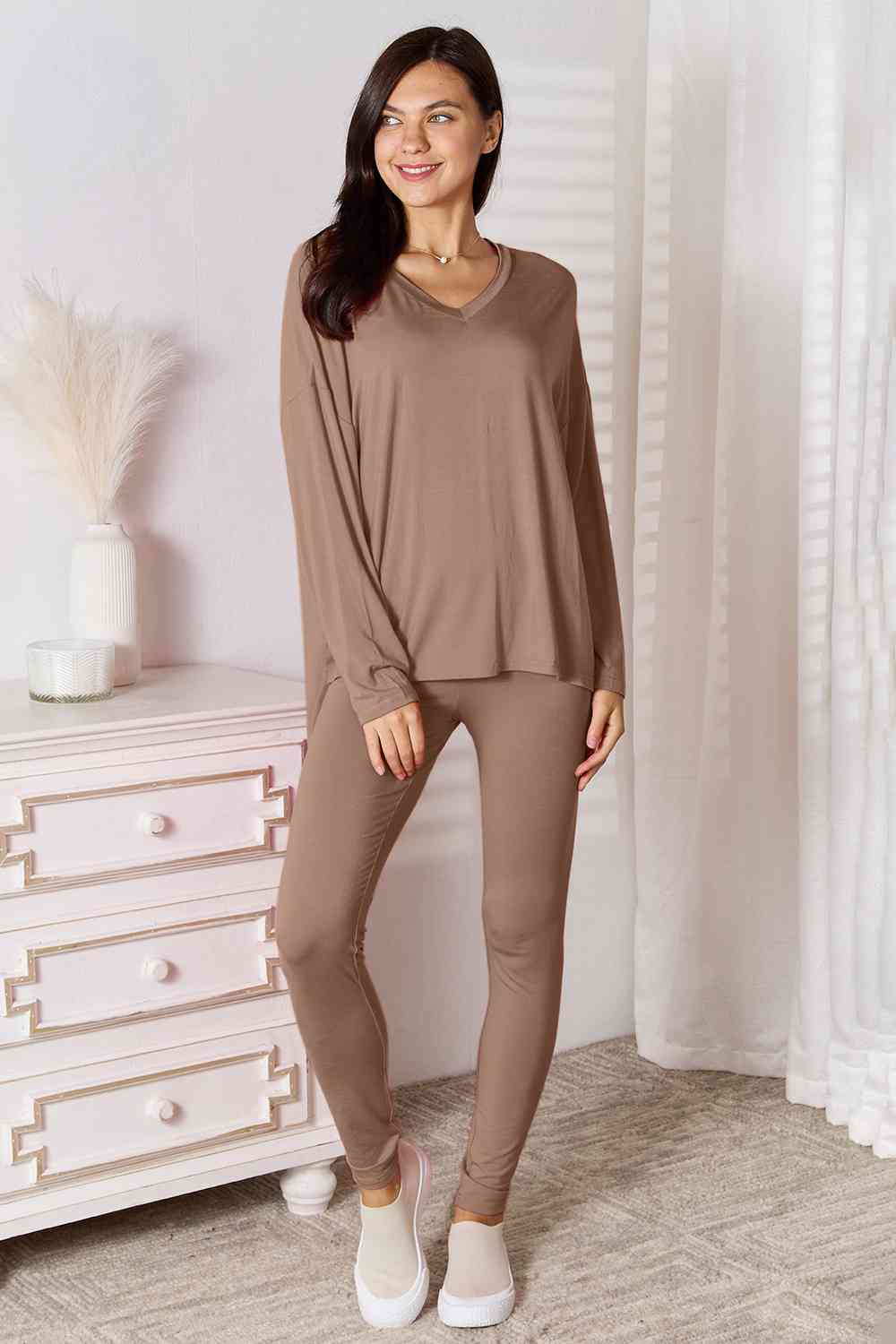 Basic Bae Full Size V-Neck Soft Rayon Long Sleeve Top and Pants Lounge Set-Trendsi-SatinBoutique