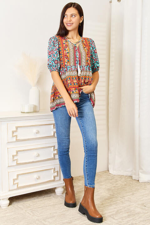 Double Take Bohemian Tassel Tie Puff Sleeve Babydoll Blouse-Trendsi-SatinBoutique