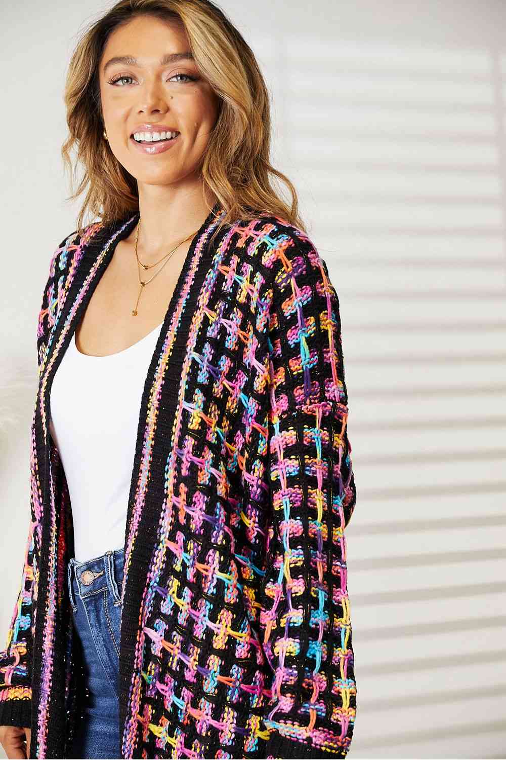 Double Take Full Size Multicolored Open Front Fringe Hem Cardigan. Also Plus sizes-Trendsi-SatinBoutique