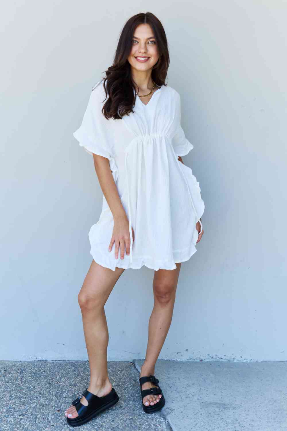 Ninexis Out Of Time Full Size Ruffle Hem Dress with Drawstring Waistband in White-Trendsi-SatinBoutique