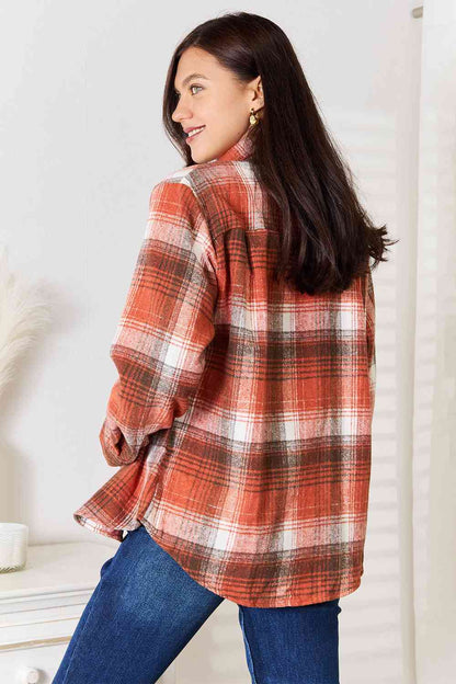 Double Take Plaid Collared Neck Long Sleeve Shirt-Trendsi-SatinBoutique