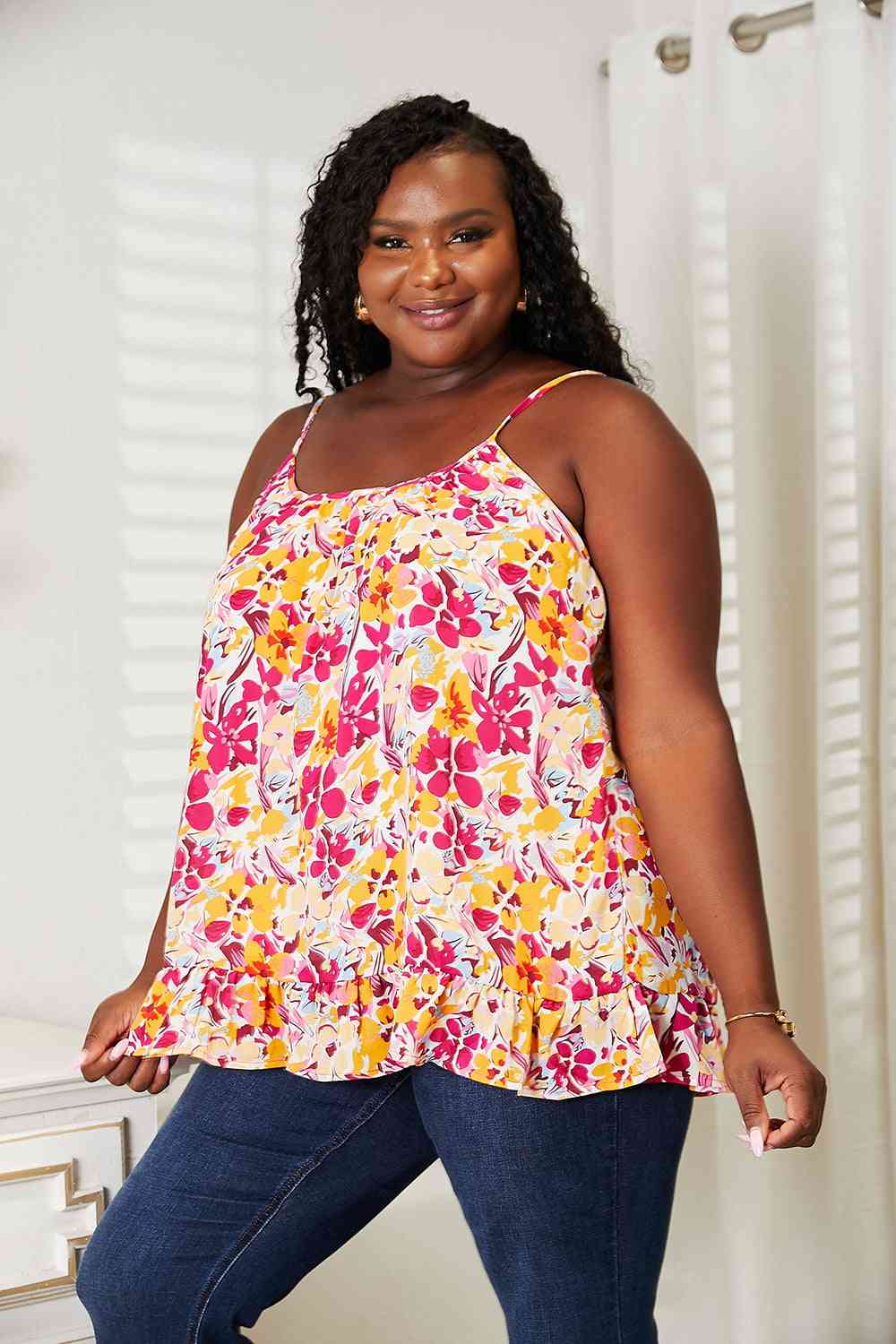 Double Take Floral Scoop Neck Ruffle Hem Cami, Also in Plus sizes-Trendsi-SatinBoutique