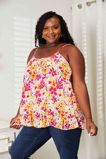 Double Take Floral Scoop Neck Ruffle Hem Cami, Also in Plus sizes-Trendsi-SatinBoutique