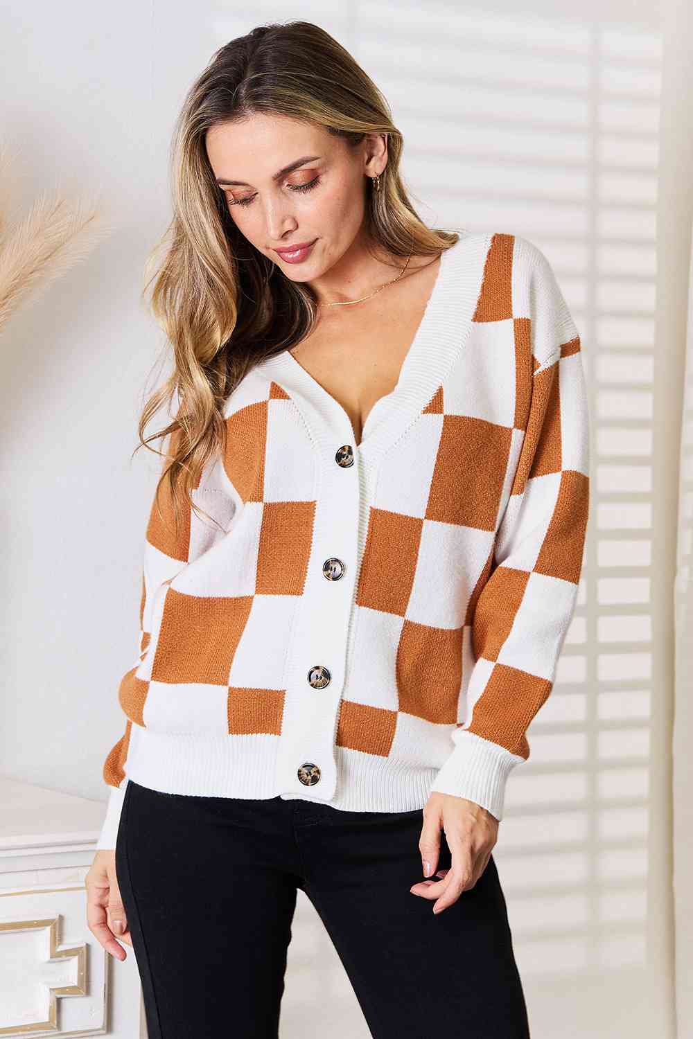 Double Take Button-Up V-Neck Dropped Shoulder Cardigan-Trendsi-Camel-S-SatinBoutique