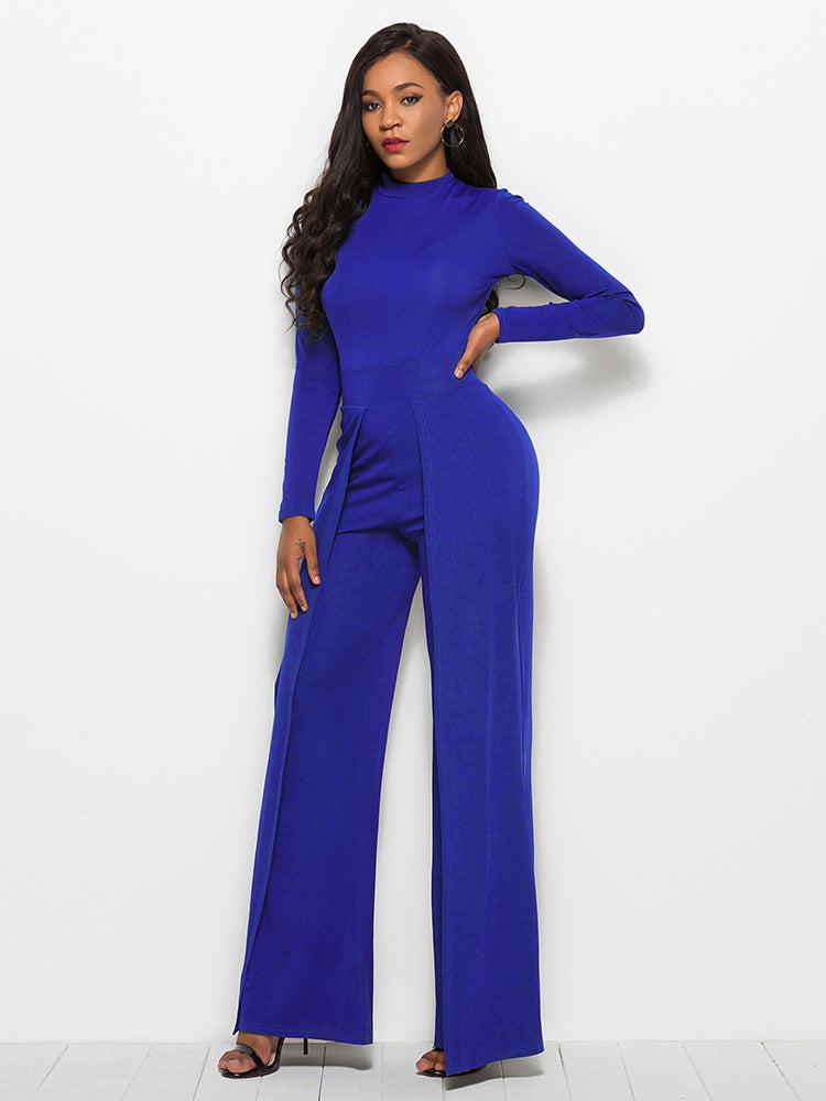 Long Sleeve Mock Neck Wide Leg Jumpsuit Trendsi