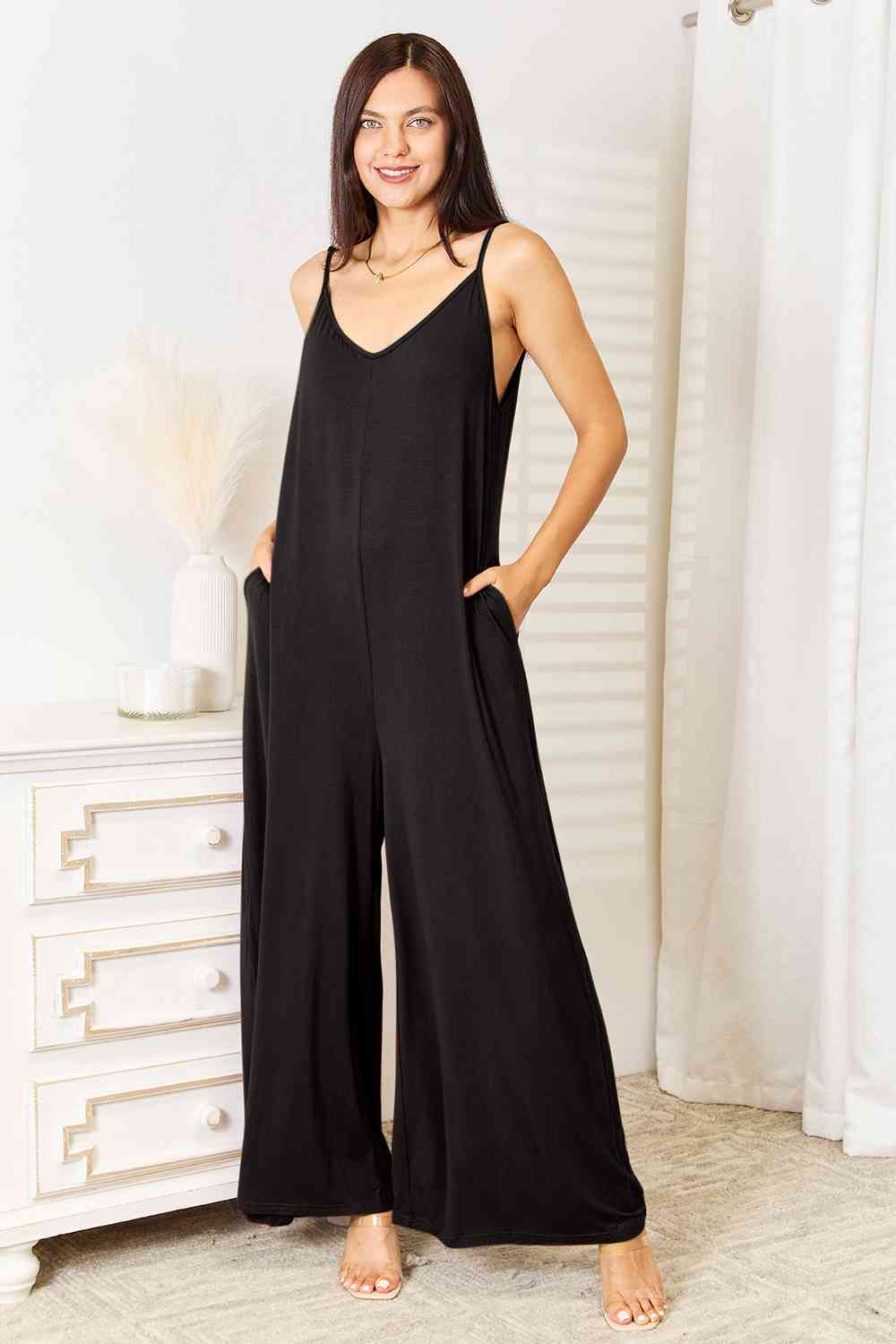 Double Take Full Size Soft Rayon Spaghetti Strap Tied Wide Leg Jumpsuit, Also Plus Sizes-Trendsi-Black-S-SatinBoutique