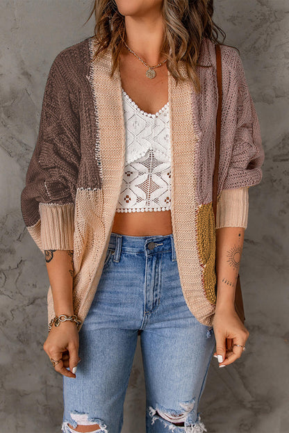 Color Block Cable-Knit Batwing Sleeve Cardigan Trendsi