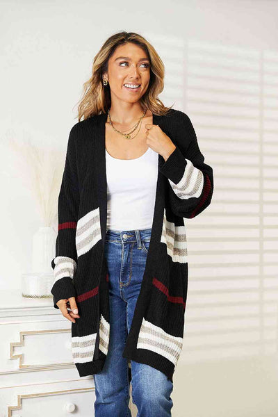 Double Take Striped Rib-Knit Drop Shoulder Open Front Cardigan-Trendsi-Black-S-SatinBoutique