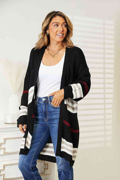 Double Take Striped Rib-Knit Drop Shoulder Open Front Cardigan-Trendsi-SatinBoutique