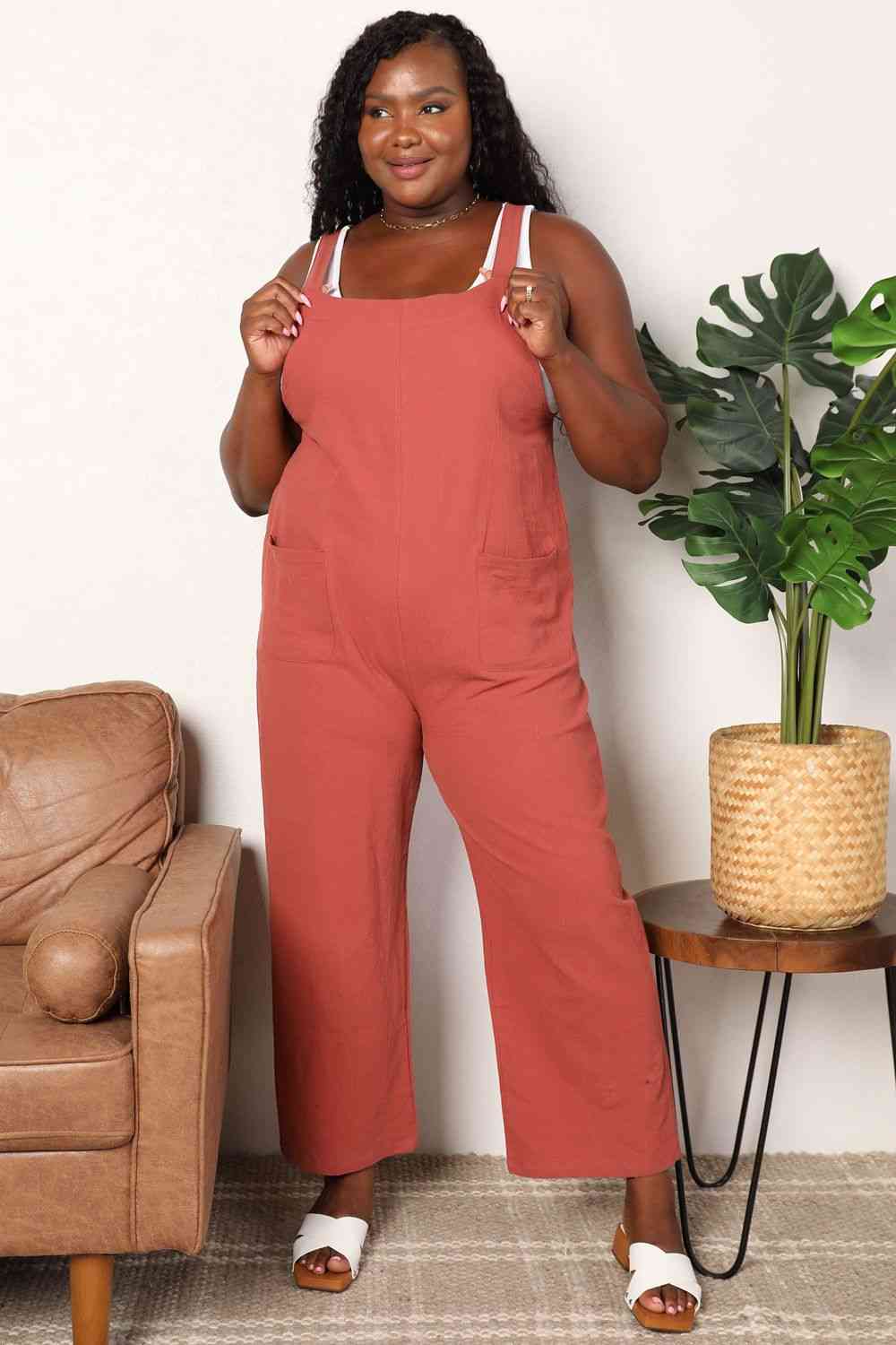 Double Take Wide Leg Overalls with Front Pockets-Trendsi-Red Orange-XL-SatinBoutique