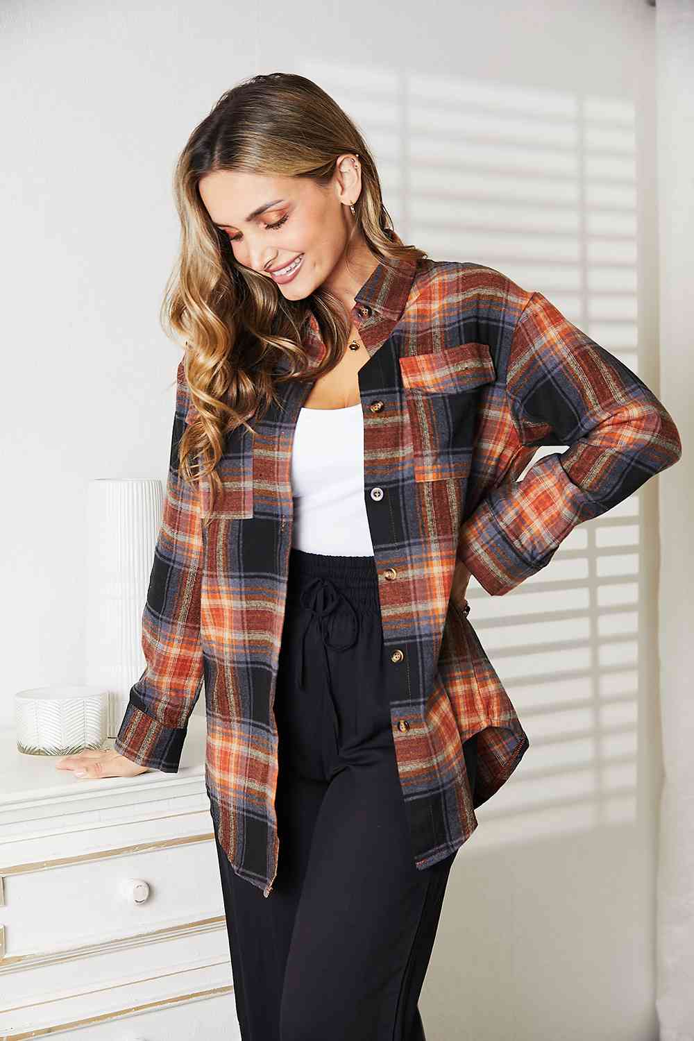 Double Take Plaid Dropped Shoulder Shirt-Trendsi-SatinBoutique