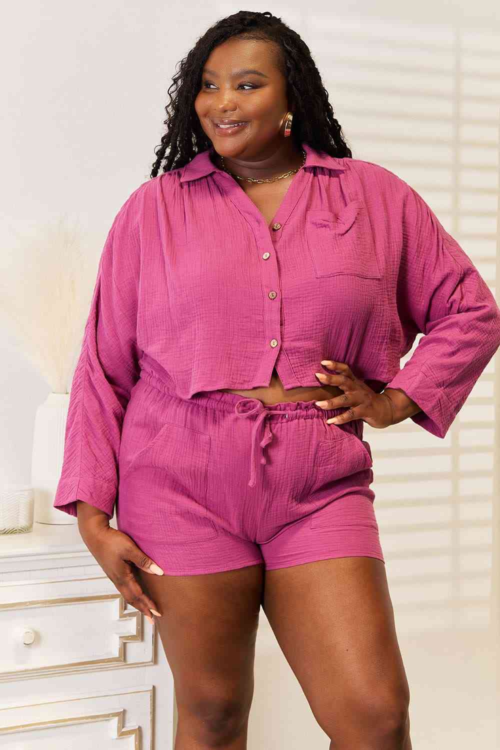 Basic Bae Buttoned Long Sleeve Top and Shorts Set-Trendsi-SatinBoutique