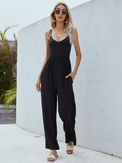 Adjustable Spaghetti Strap Jumpsuit with Pockets Trendsi