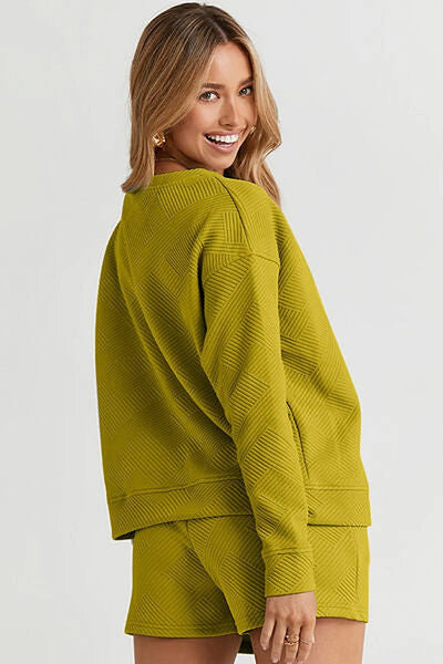 Double Take Full Size Long Sleeve Top Shorts Set with Pockets - Comfortable & Stretchy Trendsi