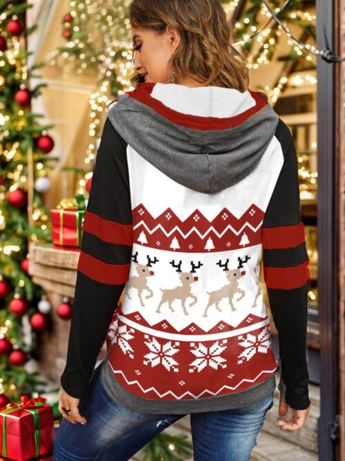 Double Take Kerst-hoodie met trekkoord en lange mouwen op ware grootte-Trendsi-Brick Red-S-SatinBoutique