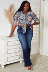 Double Take Tie Hem V-Neck Three-Quarter Sleeve Blouse-Trendsi-SatinBoutique