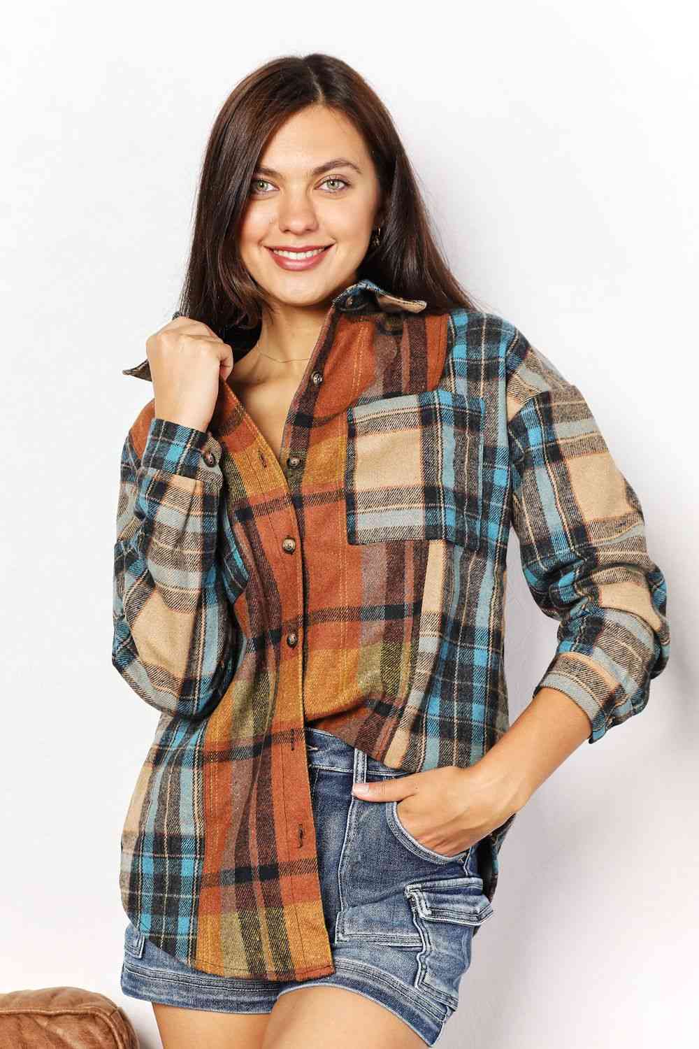 Double Take Plaid Curved Hem Shirt Jacket with Breast Pockets-Trendsi-SatinBoutique