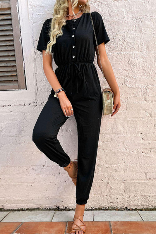 Button Front Short Sleeve Jogger Jumpsuit Trendsi