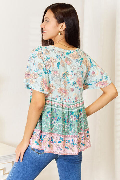 Double Take Floral Tie Neck Short Sleeve Blouse-Trendsi-SatinBoutique