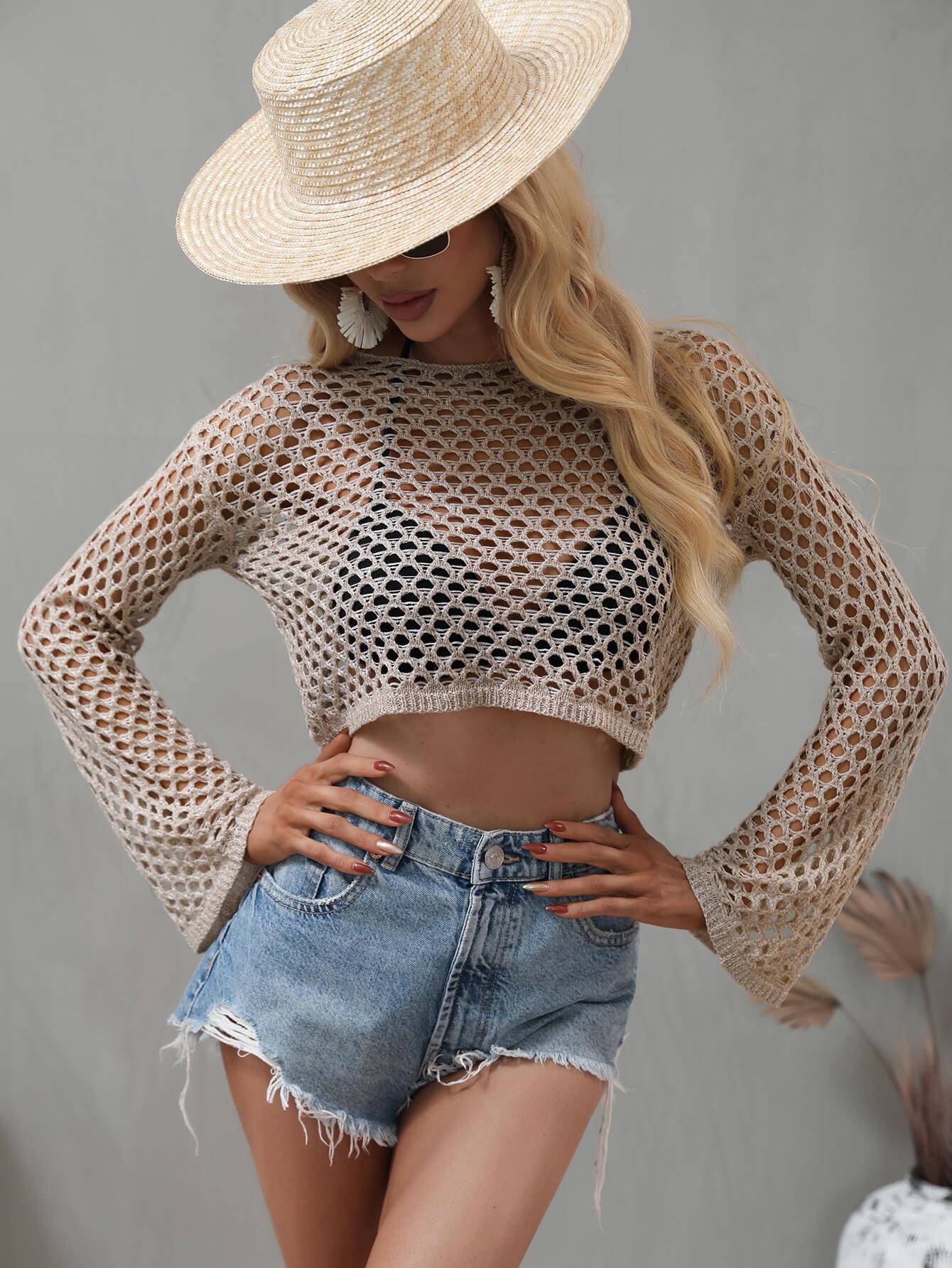 Openwork Flare Sleeve Cropped Cover Up Trendsi