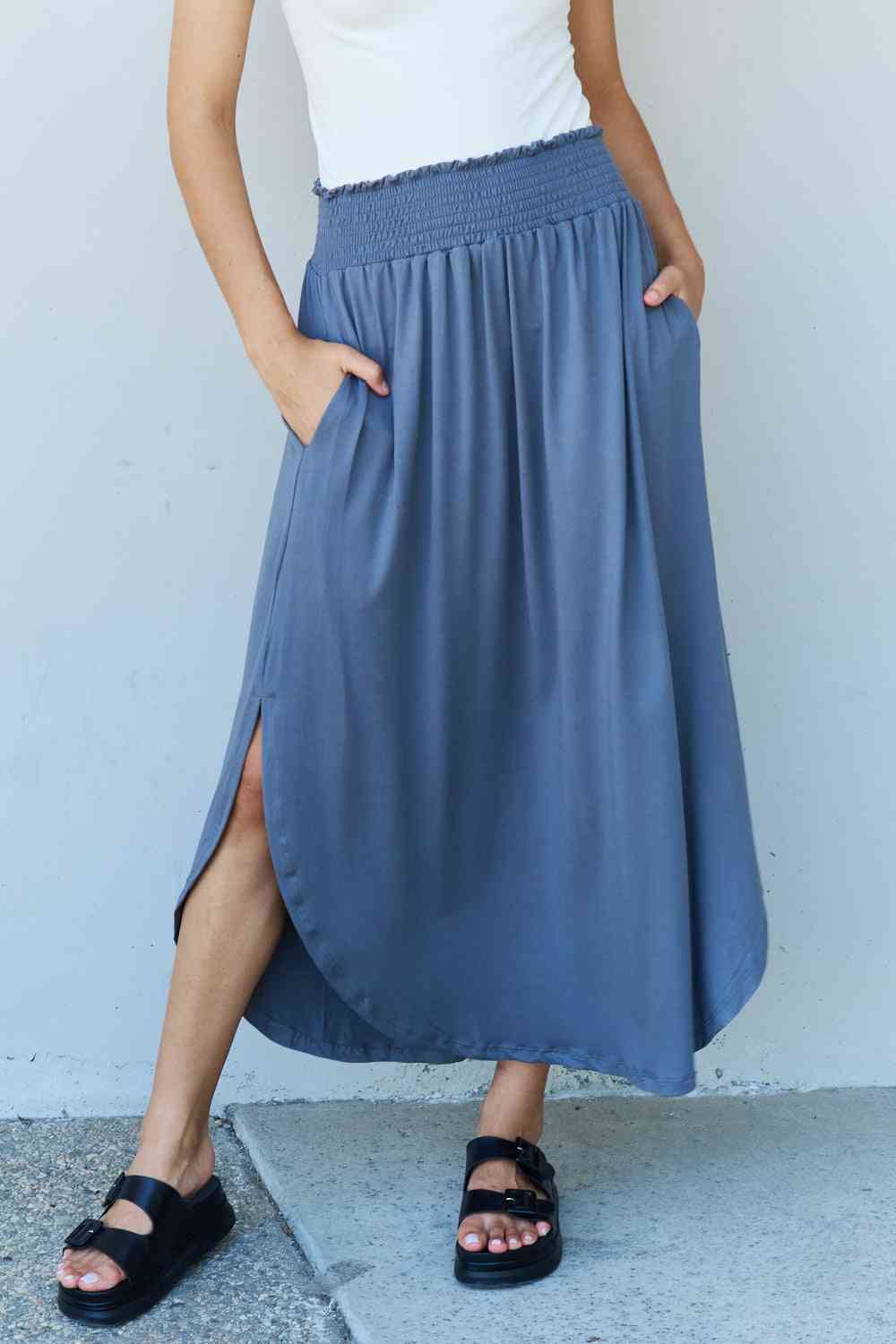 Doublju Comfort Princess Full Size High Waist Scoop Hem Maxi Skirt in Dusty Blue-Trendsi-Dusty Blue-S-SatinBoutique